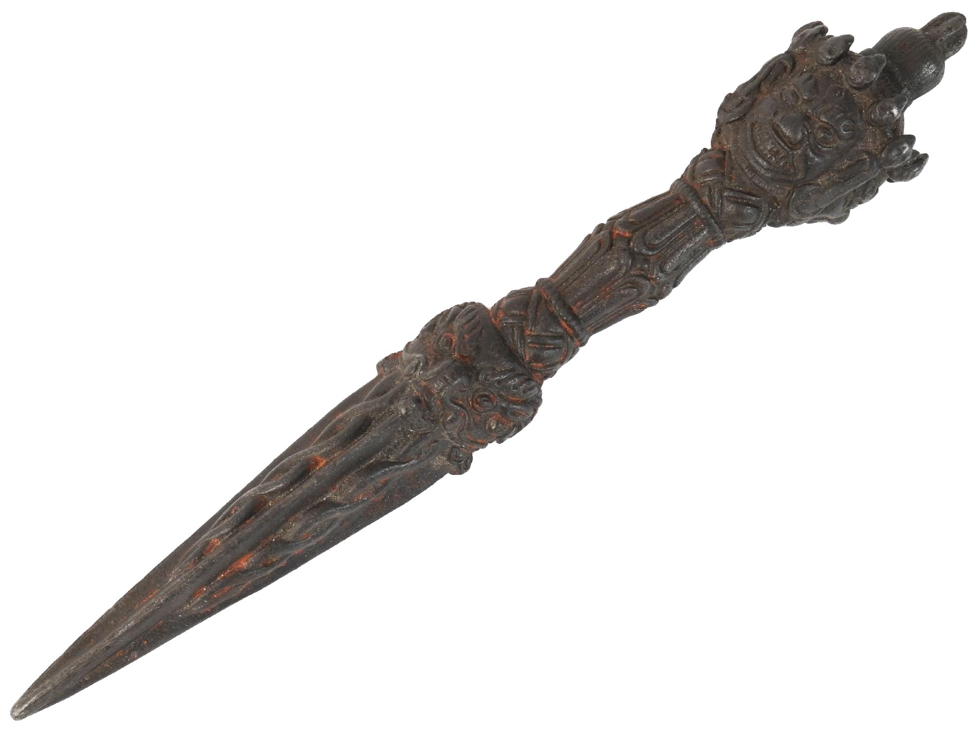 TIBETAN BUDDHIST CAST IRON PHURBA RITUAL DAGGER PIC-1